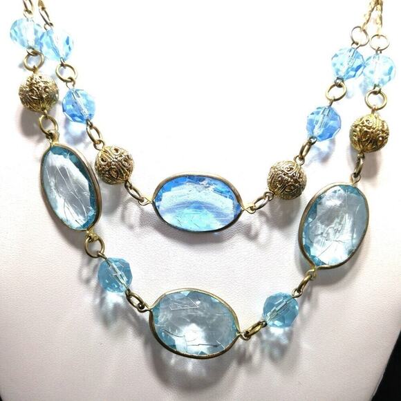 Vintage Blue Lucite Bead Necklace Gold Silver Tone Two Strand Layered 32 Inch - Picture 4 of 6